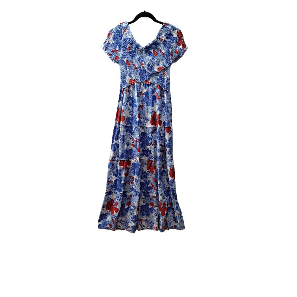 Jessica Simpson Womens Blue Red White Floral Boho Festival Peasant Maxi Dress
